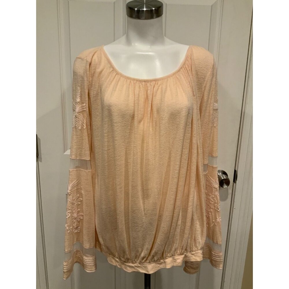 Free People Pale Peach Long Sleeve Top Embroidered Mesh Bell Sleeves, Size M